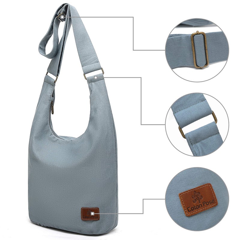 Coton Pose Women's large capacity Hippie Crossbody Bag Top Zip Cotton Sling Bag Jacquard cloth Handmade Bags(Blue Grey) - Image 3